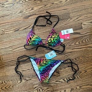 Roxy NWT animal print multicolor string bikini top large bottom medium